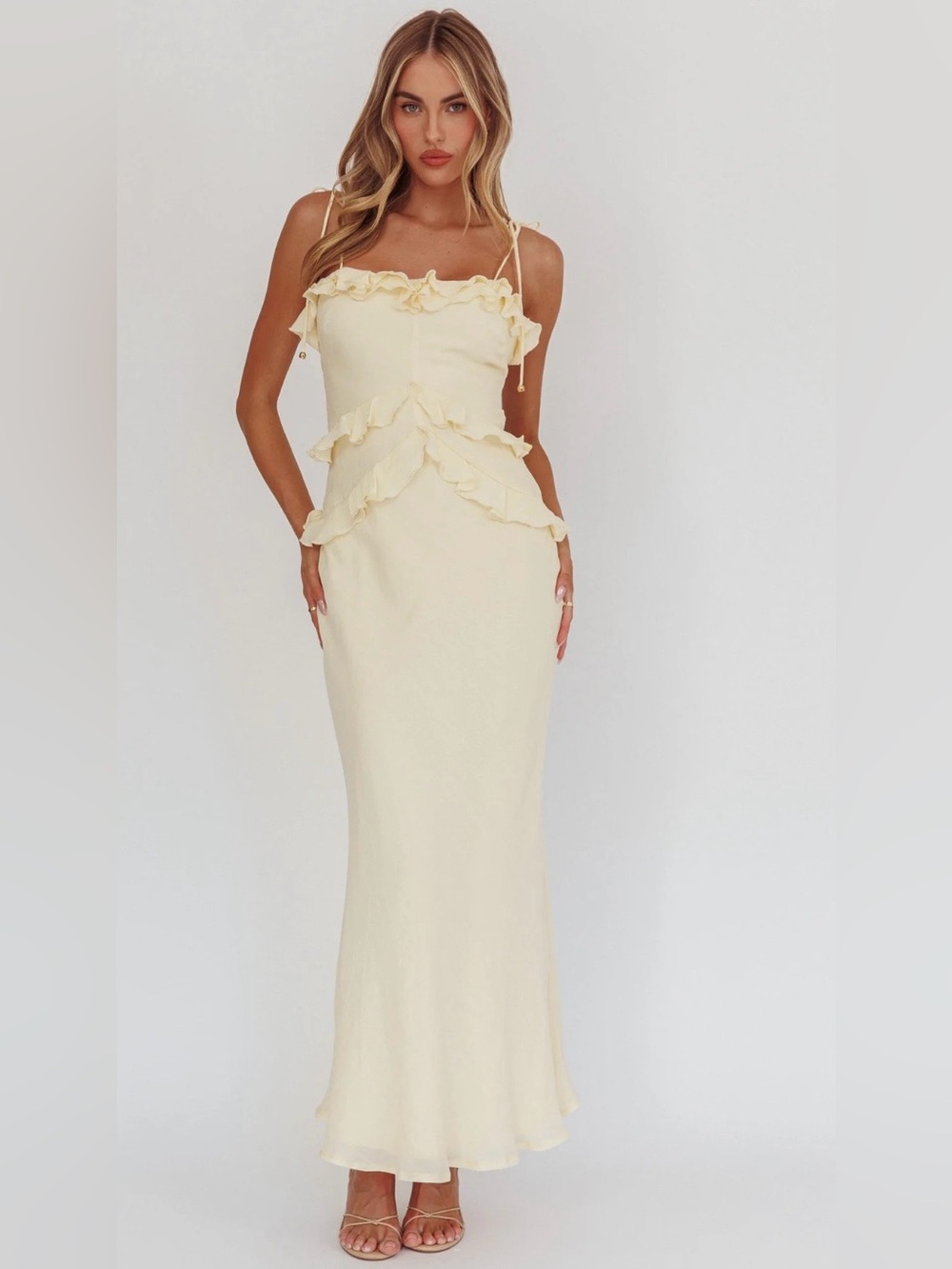 Selfie Leslie Saints & Secrets On a Roll Frill Trim Maxi Dress Yellow